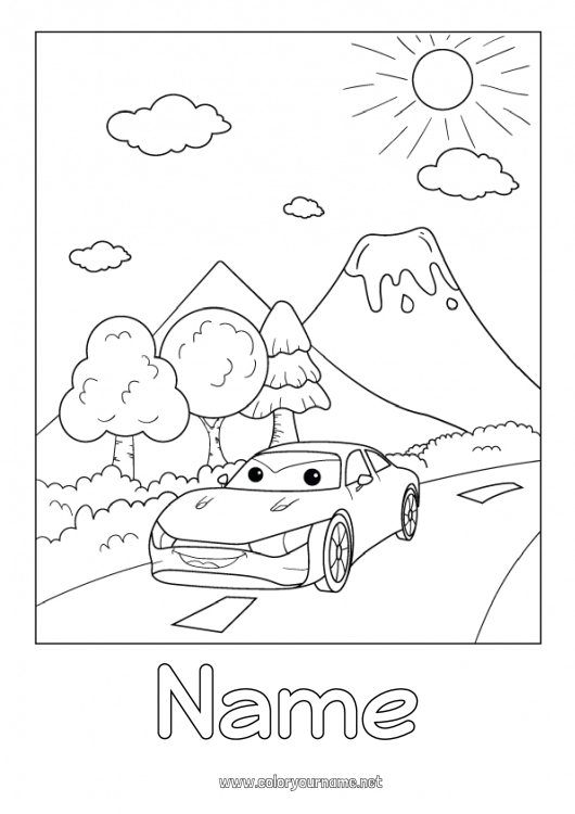 Coloring page to print Vehicles Volcano Car Cars, vans, and motorhomes Animated cartoon Cartoon Character vehicles