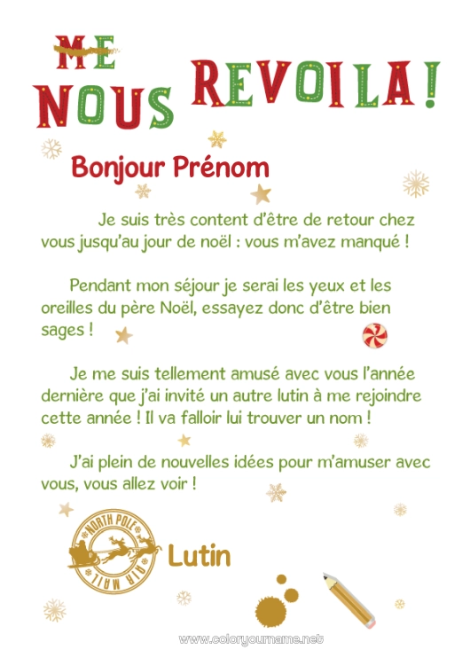 Coloriage à imprimer Lutins de Noël Lettres de lutins farceurs Lettre d'arrivée du lutin Lutin farceur supplémentaire