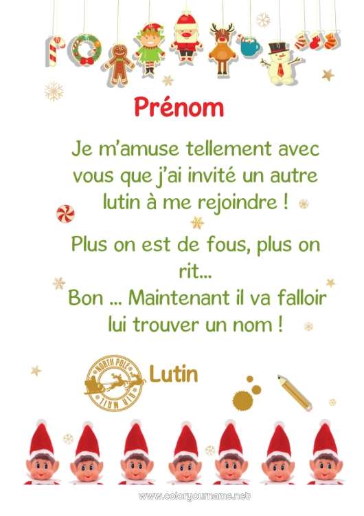 Coloriage à imprimer Lutins de Noël Mission du lutin de Noël Lettres de lutins farceurs Lettre d'arrivée du lutin Lutin farceur supplémentaire Bêtises du Lutin Farceur