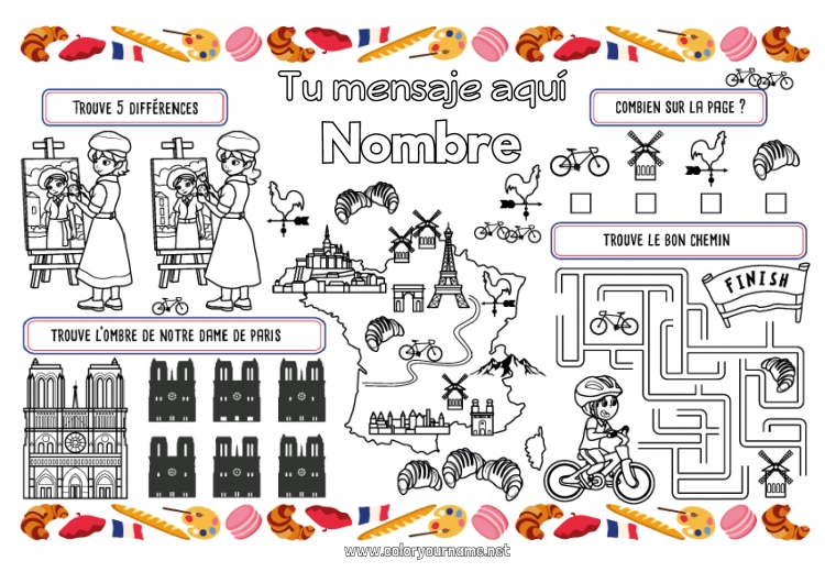 Dibujo para colorear para imprimir Actividades para niños Francia País Paris Mantel individual para imprimir