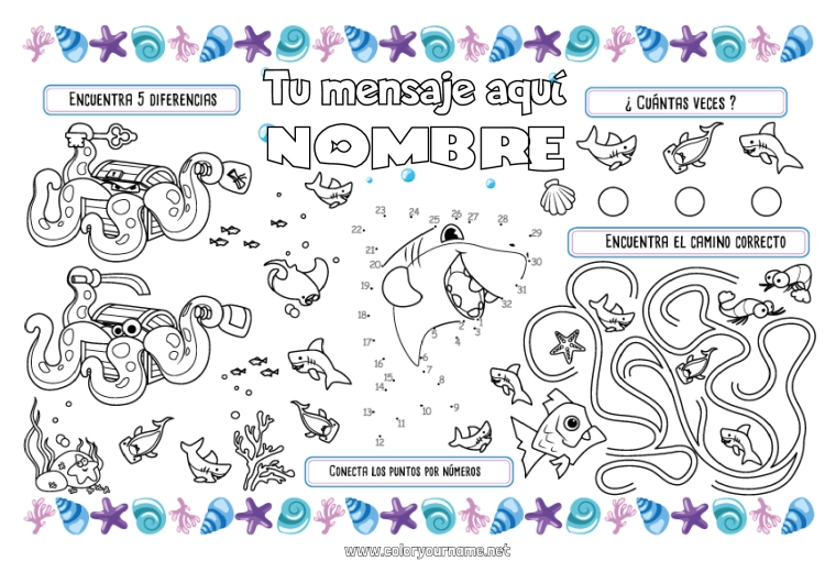 Dibujo para colorear para imprimir Mar Actividades para niños Animales Pescado Conchas marinas Tiburón Animales marinos o acuáticos Pulpo Mantel individual para imprimir Gamba