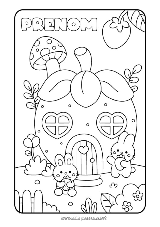 Coloriage à imprimer Mignon Kawaii Lapin Champignon Fruits Maison Fraise Animaux de la forêt