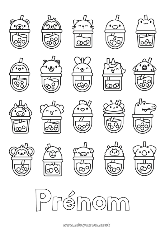 Coloriage à imprimer Kawaii Animal Boisson Bubble tea