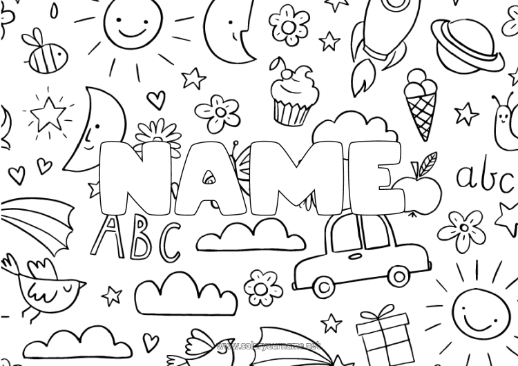 Coloring page to print Decorated name Doodle Decorative background