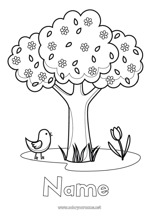 Coloring page to print Bird Spring Tree Tulip Flying birds and mammals