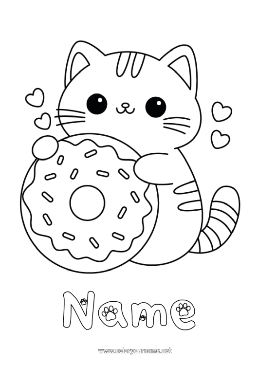 Coloring page to print Cute Cat Kawaii Animal Donuts Easy coloring pages Dog and cat