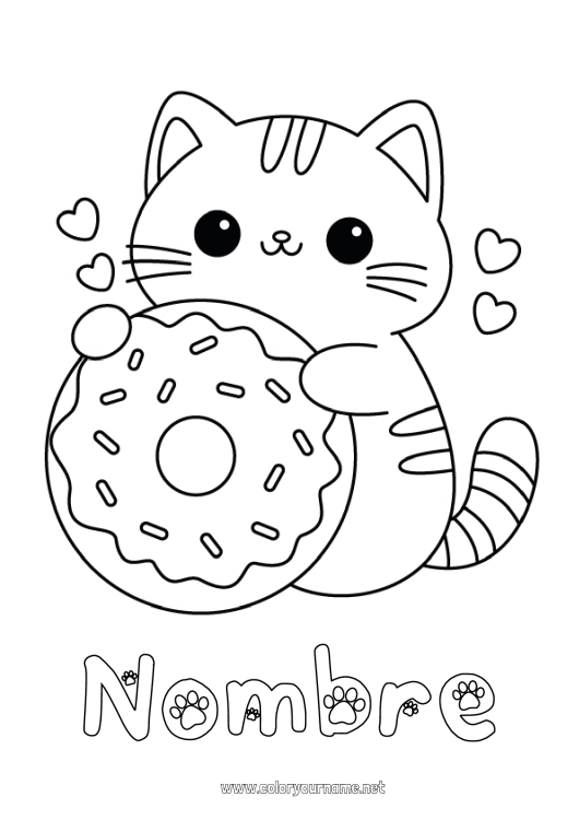 Dibujo para colorear para imprimir Lindo Cat Kawaii Animales Donuts Dibujos fáciles para colorear Perros y gatos