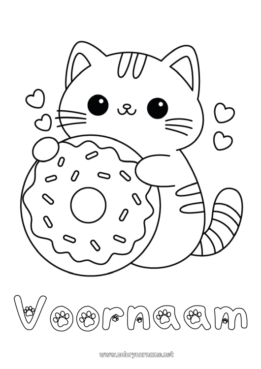 Kleurplaat om af te drukken Schattig Kat Kawaii Dier Donuts Eenvoudige kleurplaten Honden en katten