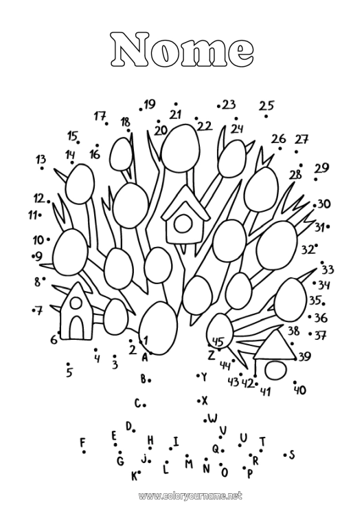 Página de desenho para imprimir Atividades para Crianças Ligando os Pontos Alfabeto Ovos de Páscoa Páscoa Árvore