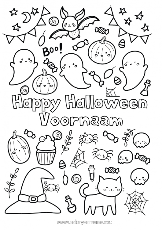 Kleurplaat om af te drukken Spook Monster Heks Halloween Symbolen Intermediaire kleurplaten Inscriptie 'halloween'