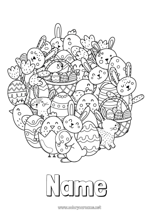 Coloring page to print Bunny Easter eggs Easter Doodle Forest animals