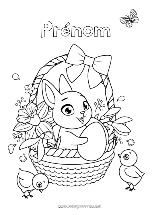 Coloriage à imprimer Fleurs Printemps Poussin Lapin Animal Pâques Panier Jonquilles Animaux de la ferme Animaux de la forêt Oeuf