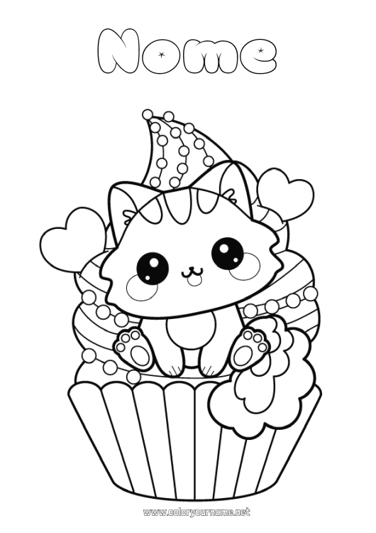 Pagina da colorare da stampare Torta Gatto Kawaii Cupcake CanI e gatti