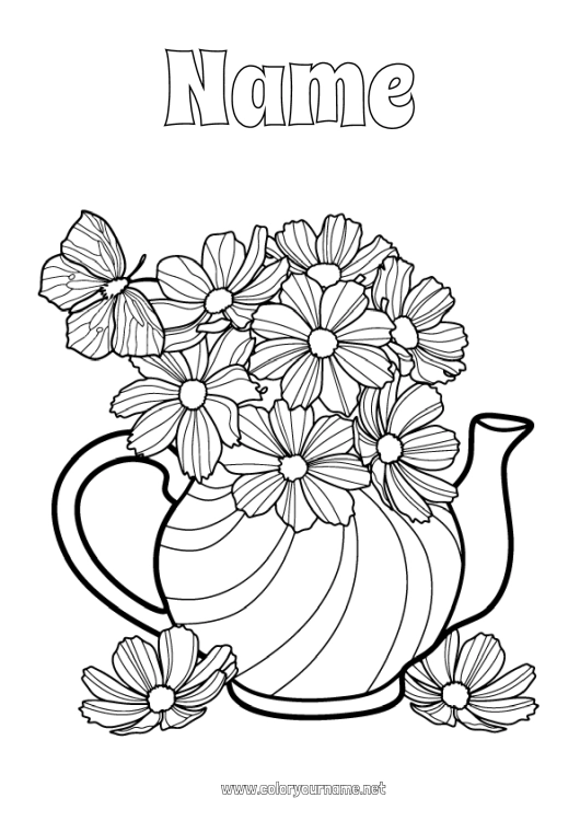 Coloring page to print Flowers Summer Spring Butterfly Vase Insects Teapot