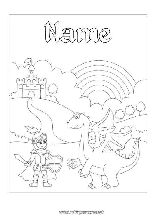 Coloring page to print Castle Dragon Animal Rainbow Knight Dragons, unicorns and fantastic animals Saint George