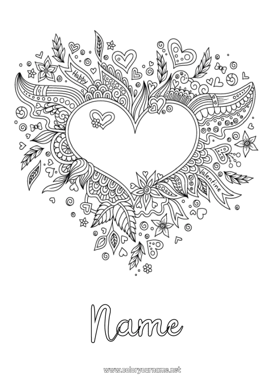 Coloring page to print Flowers Heart Valentine's Day Big heart Doodle Zentangle