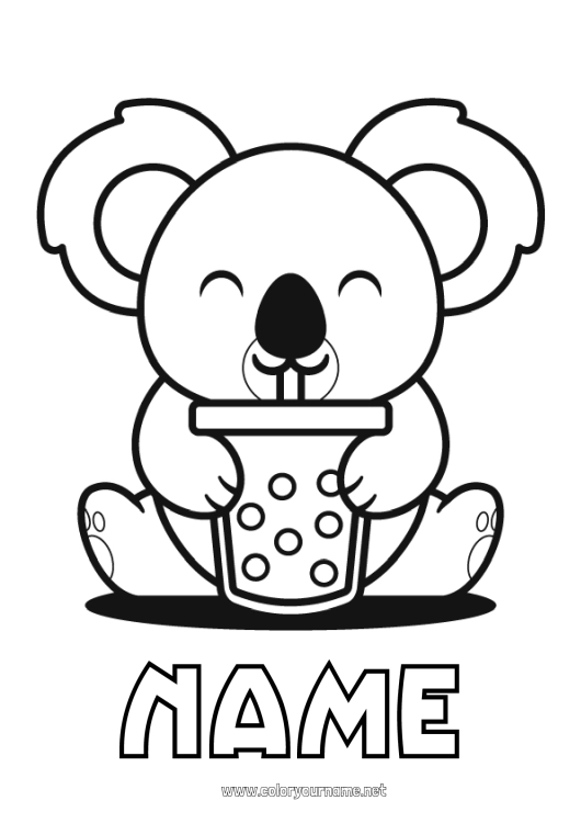 Coloring page to print Kawaii Animal Koala Drinks Other animals of the world Bubble tea