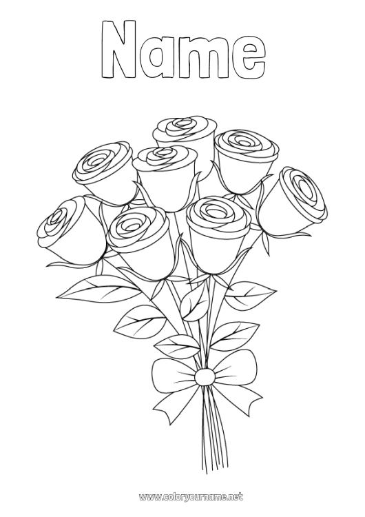 Coloring page to print Flowers Mum Happy feast day ! I love you Valentine's Day Rose Bouquet