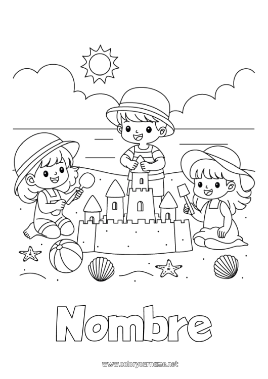 Dibujo para colorear para imprimir Playa Niño Conchas marinas Animales marinos o acuáticos Castillo de arena Balón de playa Juegos y juguetes