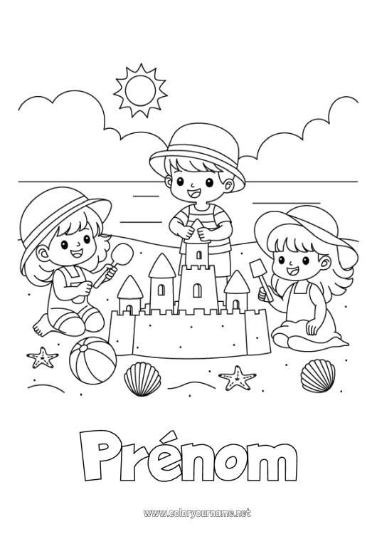 Coloriage à imprimer Plage Enfant Coquillages Animaux marins ou aquatique Château de sable Ballon de plage Jeux et jouets