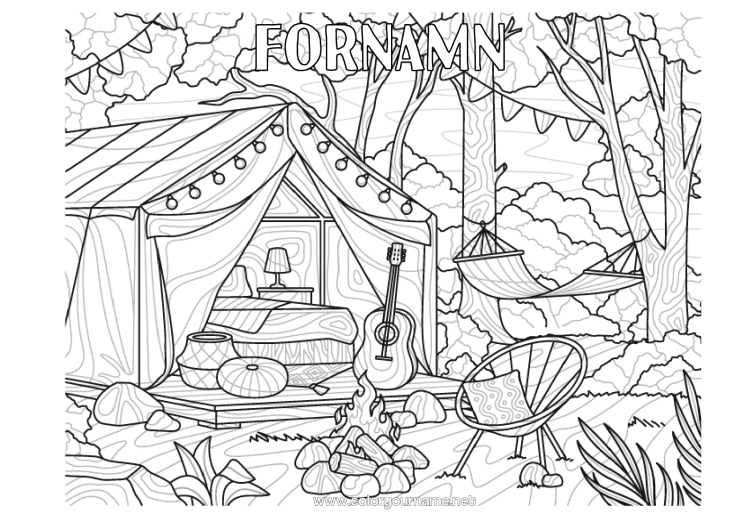 Färgläggningssida att skriva ut Semester Komplexa målarbilder Zentangle Camping Gitarr Musikinstrumenter Tält