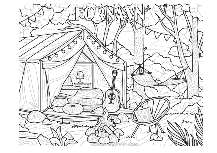 Farvelægningssiden til udskrivning Ferier Komplekse farvelægninger Zentangle Camping Guitar Musikinstrumenter Telt