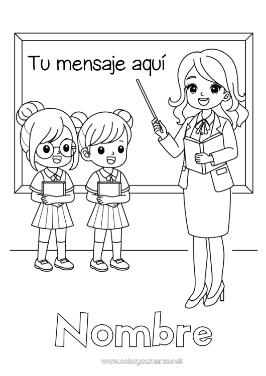 Dibujo para colorear para imprimir Maestra, Maestro Profesiones de la Educación Regreso a clases Pizarra de clase Estudiante