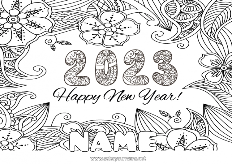 Coloring page to print 2023 Happy new year