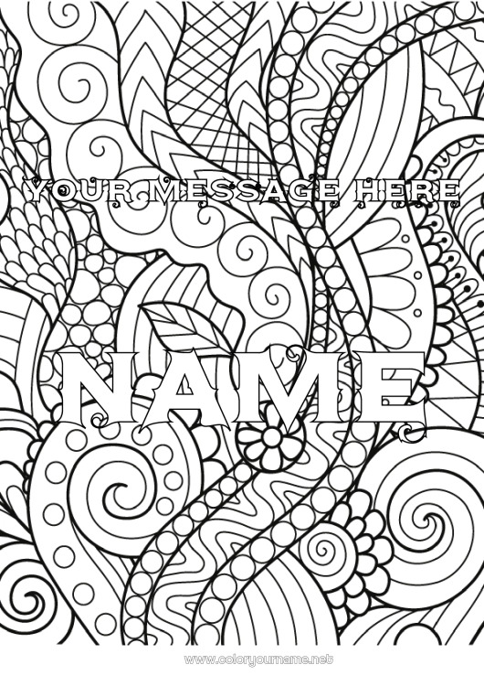 Coloring page to print Leaves Decorated name Zentangle Green plant Decorative background