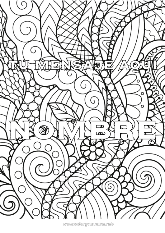 Dibujo para colorear para imprimir Hojas Nombre decorado Zentangle Planta verde Fondo decorativo