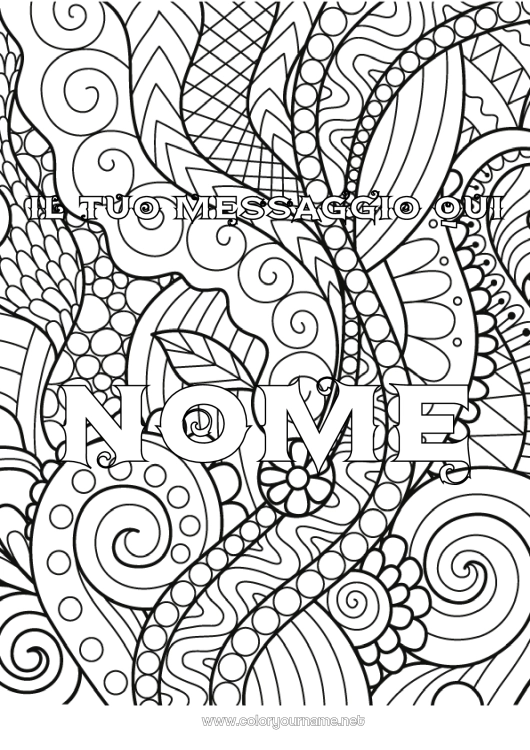 Pagina da colorare da stampare Foglie Nome decorato Zentangle Pianta verde Sfondo decorativo