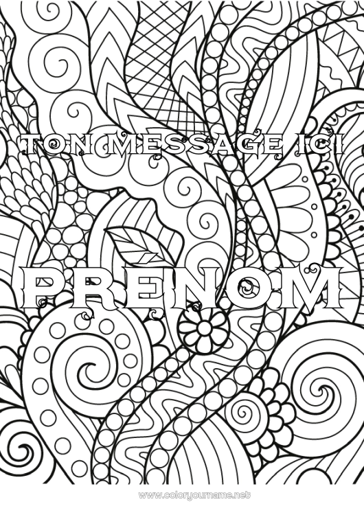 Coloriage à imprimer Feuilles Nom décoré Zentangle Plante verte Fond décoratif