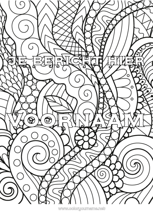 Kleurplaat om af te drukken Bladeren Gedecoreerde naam Zentangle Groene plant Decoratieve achtergrond