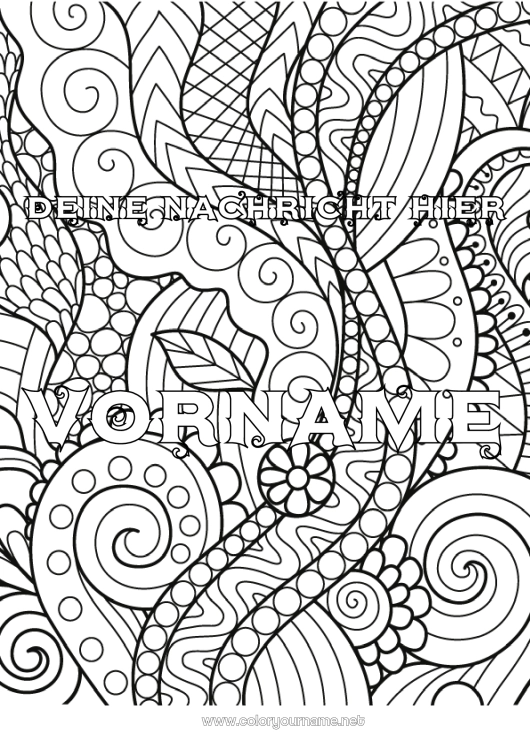 Malvorlage zum Ausdrucken Blätter Dekorierter Name Zentangle Grünpflanze Dekorativer Hintergrund