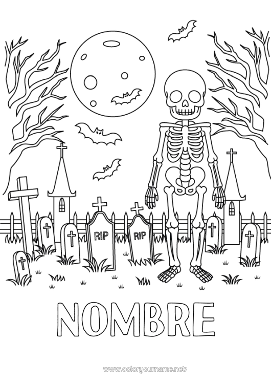 Dibujo para colorear para imprimir Murciélago Cementerio Esqueleto Halloween Luna Aves y mamíferos voladores