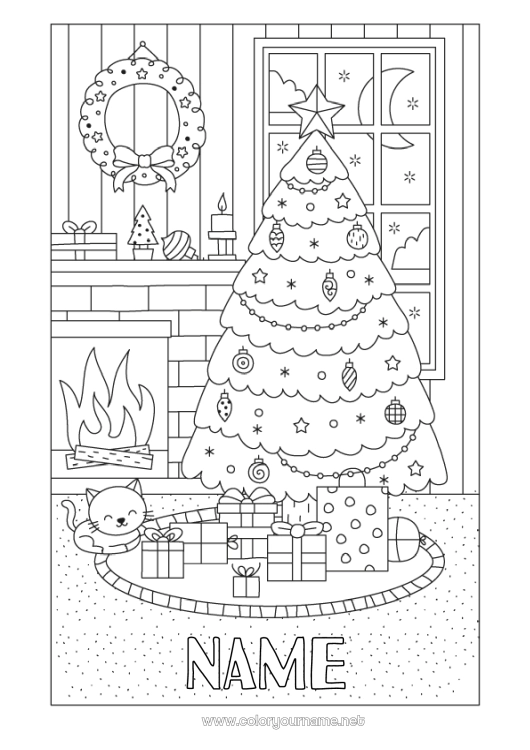 Coloring page to print Cat Winter Gifts Christmas decorations Chimney Christmas wreath Dog and cat Fir