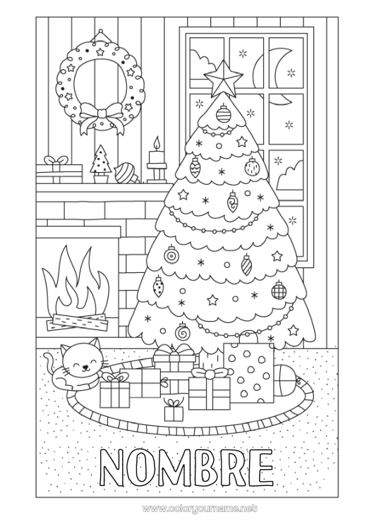 Dibujo para colorear para imprimir Cat Invierno Regalos Decoración navideña Chimenea Corona navideña Perros y gatos Abeto