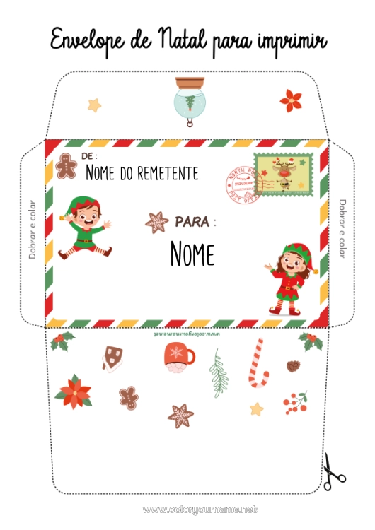 Página de desenho para imprimir Elfo de Natal Cartas de duendes travessos Envelope Envelope para imprimir Envelope de Natal