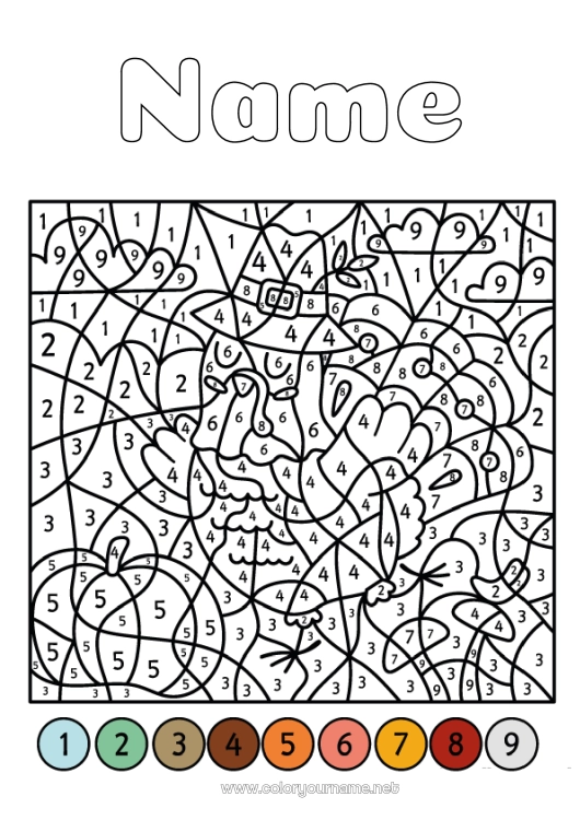 Coloring page to print Thanksgiving Turkey Number Coloring by numbers Children's activities Farm animals