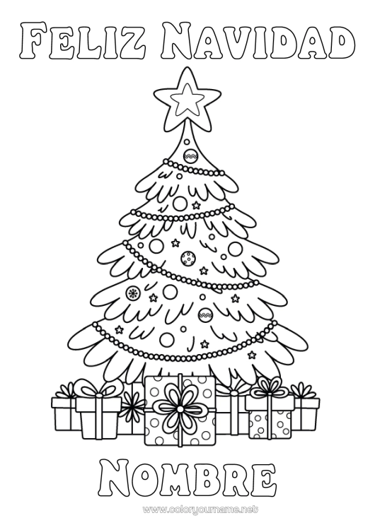 Dibujo para colorear para imprimir Regalos Navidad Abeto Mensaje “Feliz Navidad”