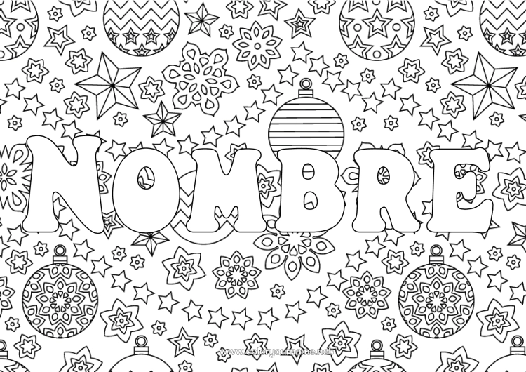 Dibujo para colorear para imprimir Navidad Bolas de Navidad Decoración navideña Copos de nieve Nombre decorado Estrellas Dibujos complejos para colorear Fondo decorativo