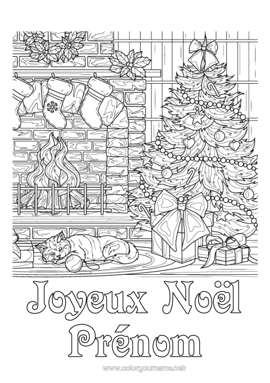 Coloriage à imprimer Chat Sapin de Noël Noël Cheminée Coloriages complexes Chiens et chats Chaussette de Noël