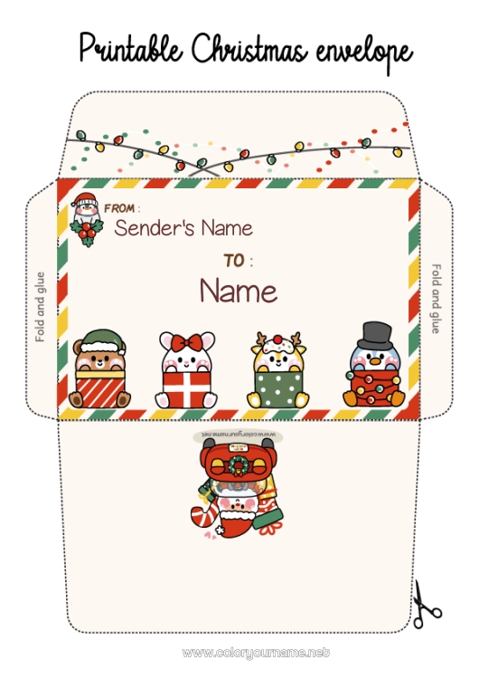 Coloring page to print Kawaii Mouse Penguin Animal Teddy Bear Envelope Flying birds and mammals Forest animals Envelope to print Christmas Envelope