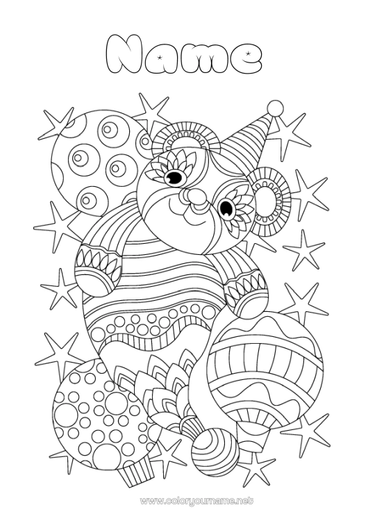 Coloring page to print Party Christmas bauble Animal Panda Hat Stars Other animals of the world