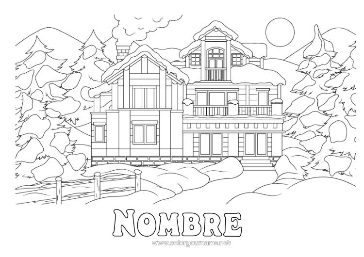 Dibujo para colorear para imprimir Nieve Invierno Casa Abeto Montaña Chalet