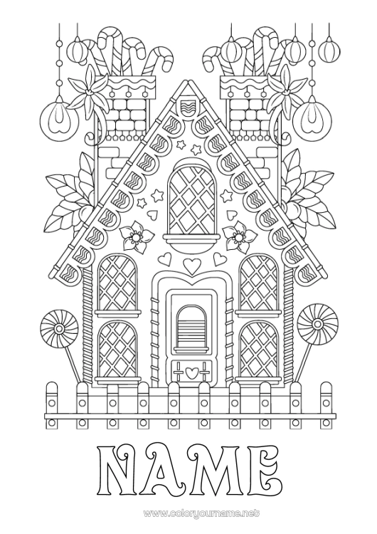 Coloring page to print Christmas Gingerbread Candy cane Treats House Complex coloring pages Lollipop