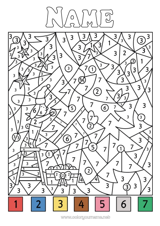 Coloring page to print Christmas tree Christmas Number Coloring by numbers Children's activities Fir