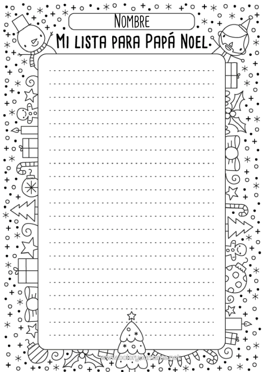 Dibujo para colorear para imprimir Carta a Papa Noel Lista de regalos para Papá Noel