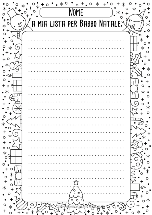 Pagina da colorare da stampare Lettera a Babbo Natale Lista dei regali per Babbo Natale