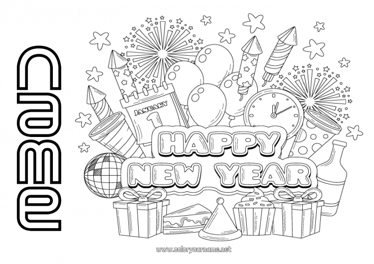 Coloring page to print Happy new year Firework Champagne